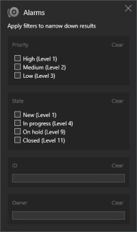 Filtros de búsqueda relacionados con las alarmas en XProtect Smart Client.