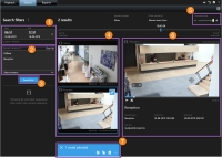 Fliken Sök i XProtect Smart Client – Player. De olika områdena, såsom knappar och vyer, är markerade och numrerade.